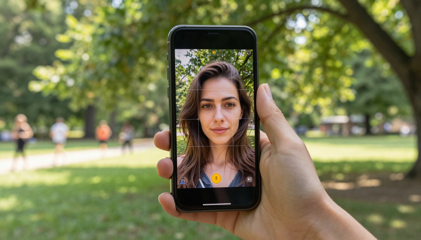 Woman using smartphone outdoors with face-detection overlay visible on screen