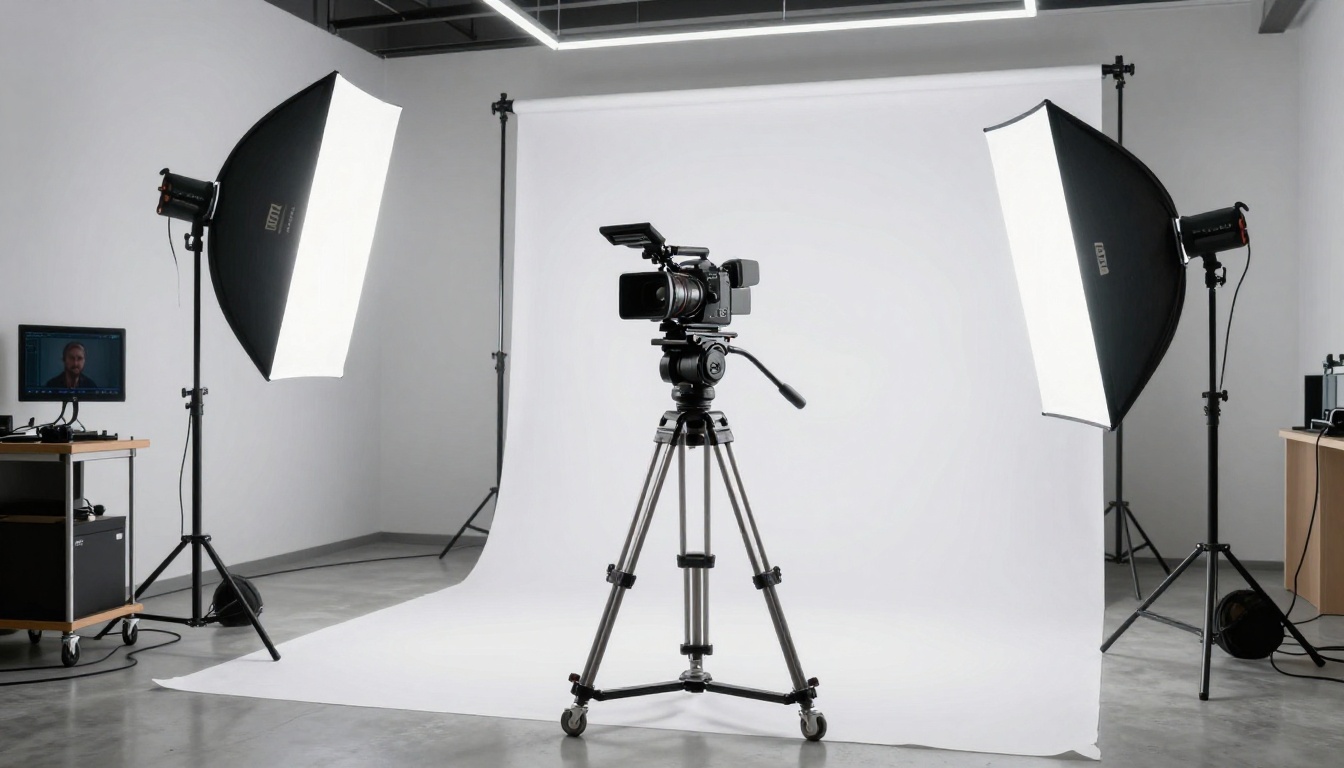 Professional video production studio with cinema camera on tripod and large softboxes