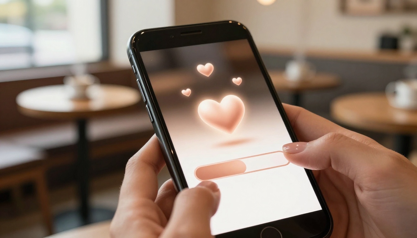 Smartphone affection progress bar app in a warm coffee shop