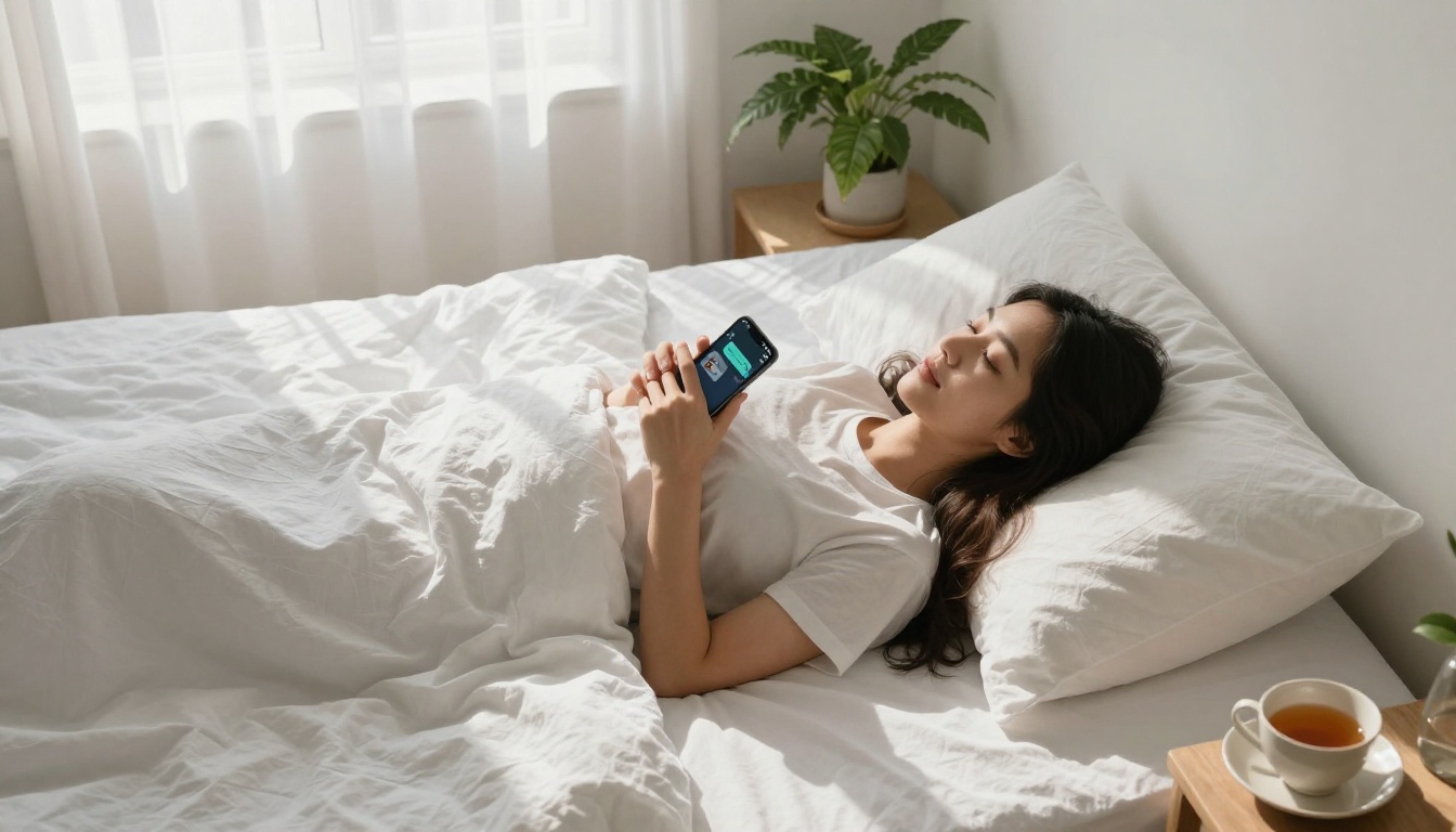 Aerial view of woman lying in bed chatting with AI companion on phone