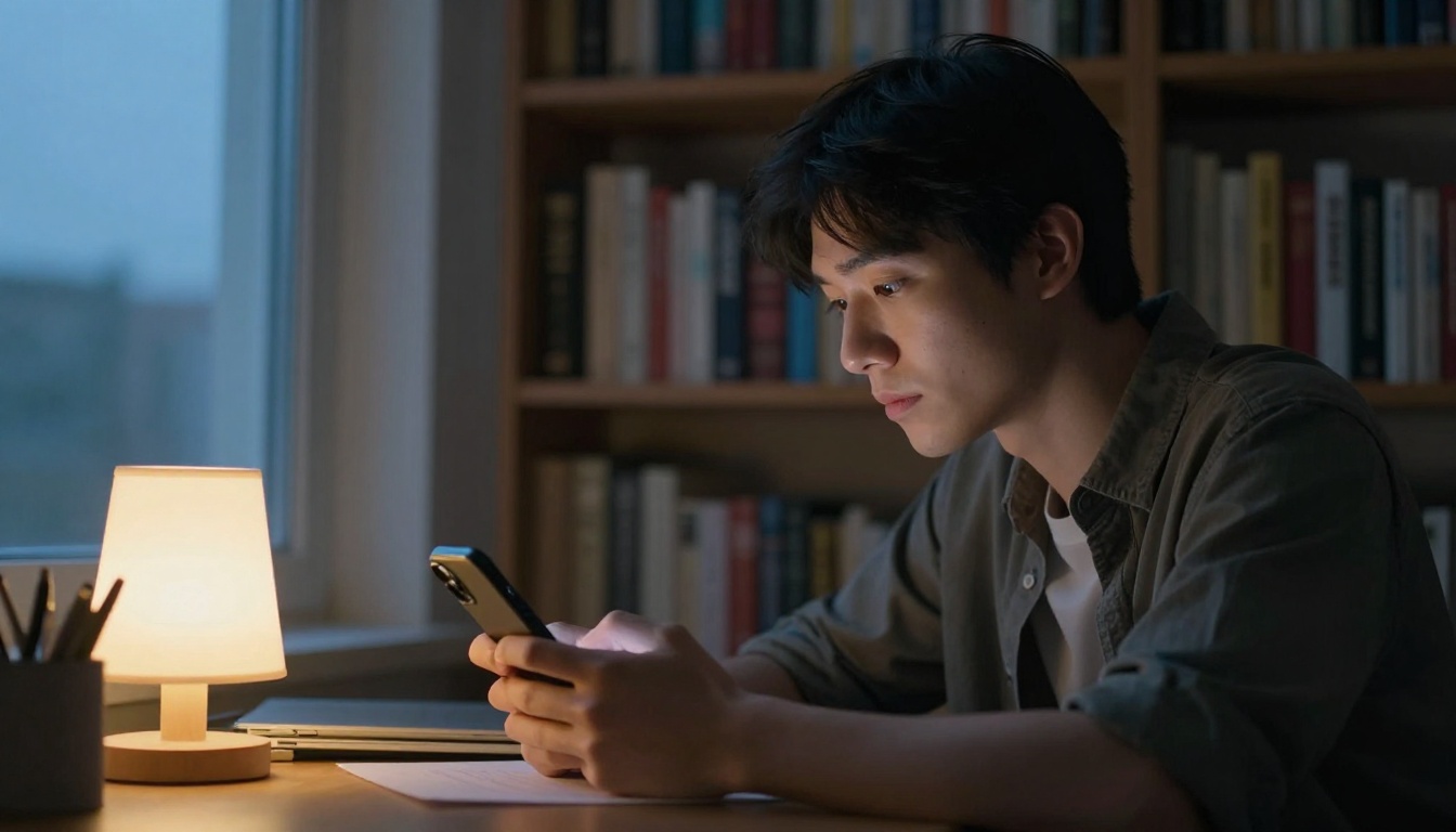 Man at desk typing on phone at dusk with warm lamp light