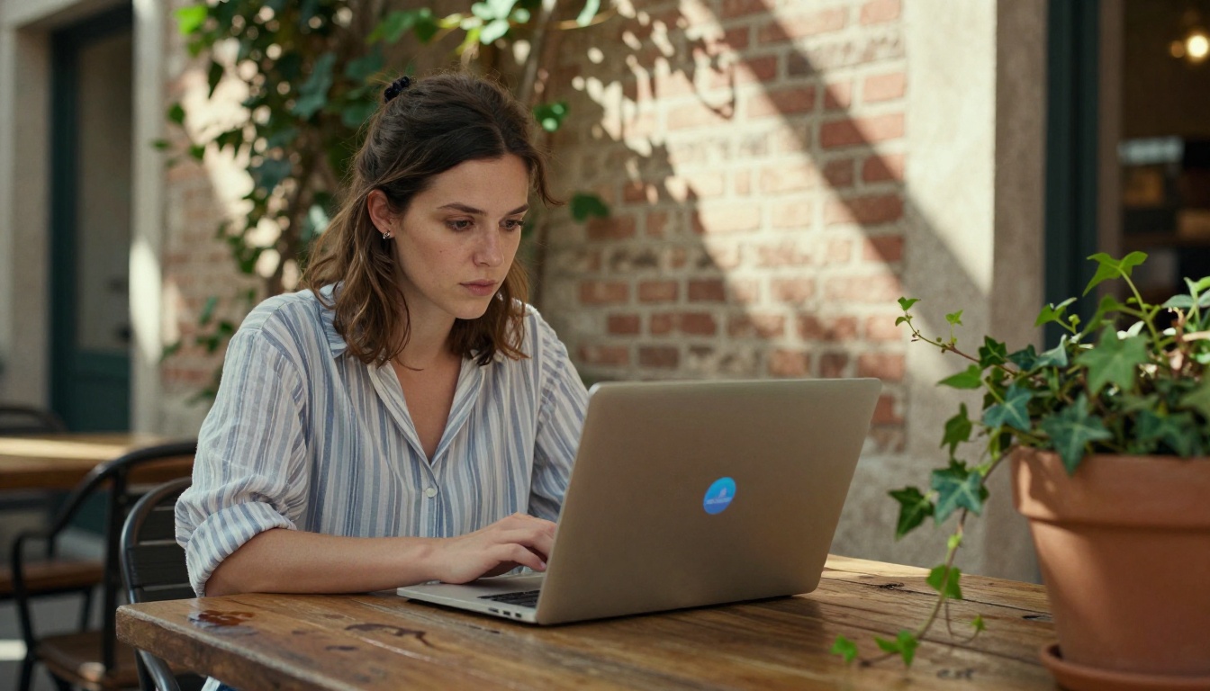 Woman working on laptop at a sunlit outdoor cafe terrace creating video content