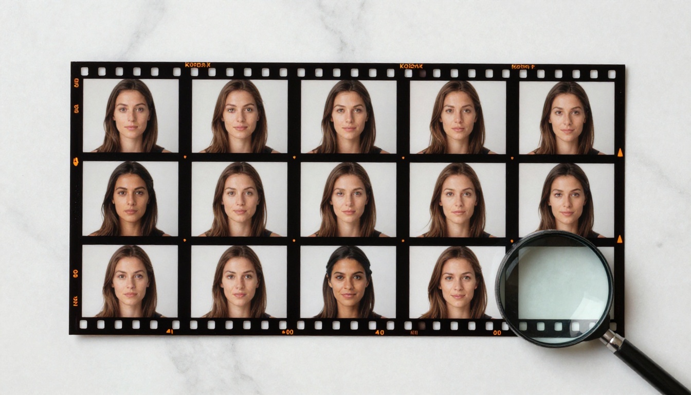 Film contact sheet with twelve video frame thumbnails showing face angles on white marble