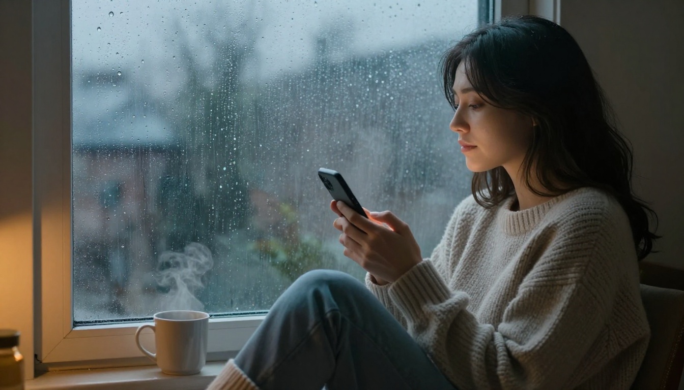 Woman on window seat in knit sweater looking at phone on a rainy afternoon