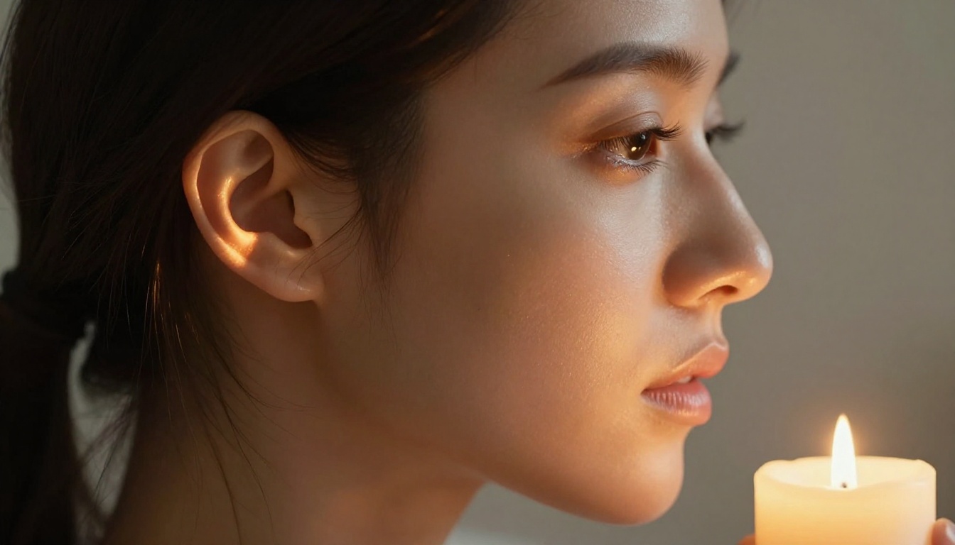 Side-profile portrait illuminated by single candle light, subsurface scattering visible at ear cartilage, photorealistic skin