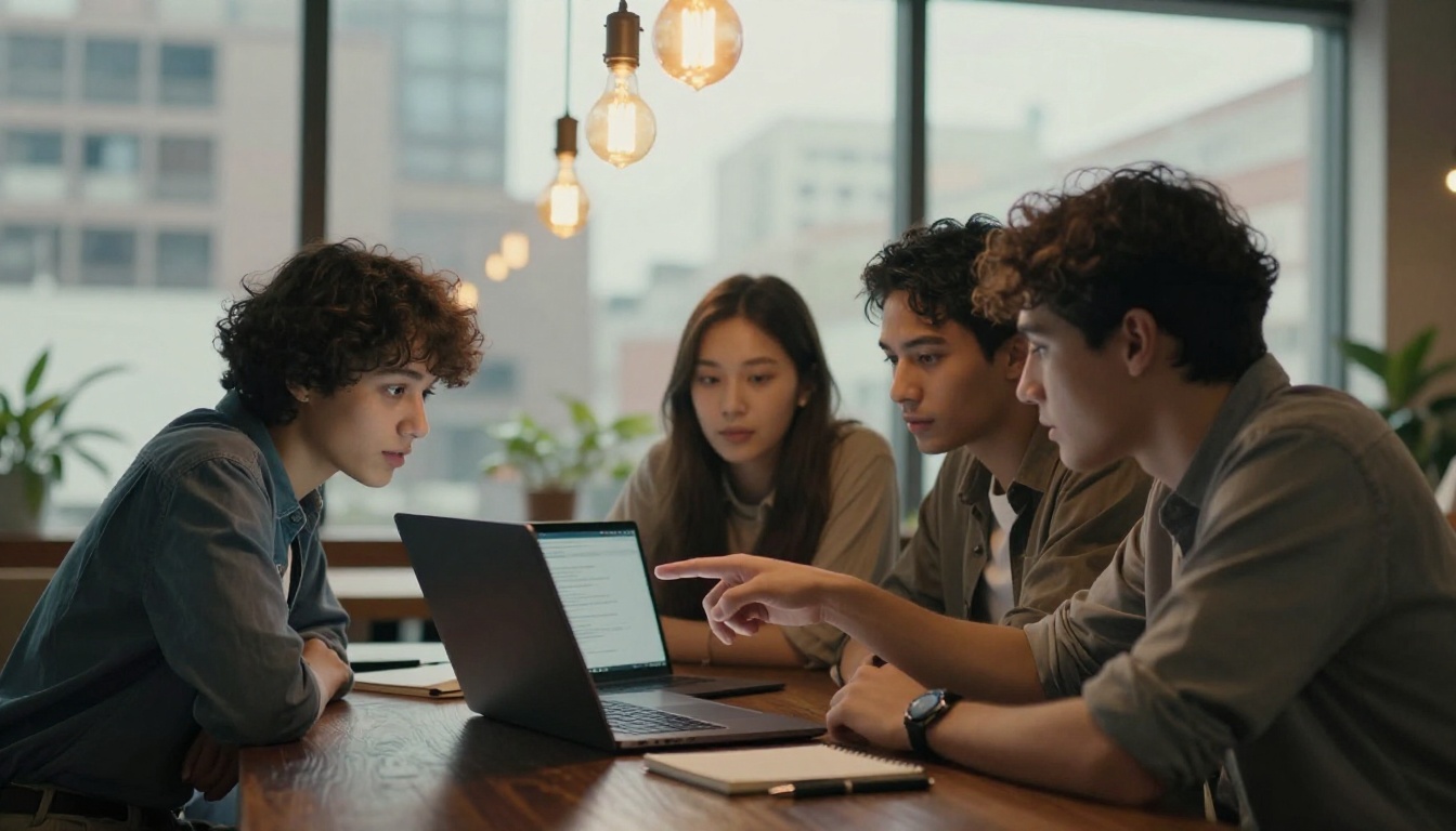 Group of three people collaborating around a laptop at a modern co-working space