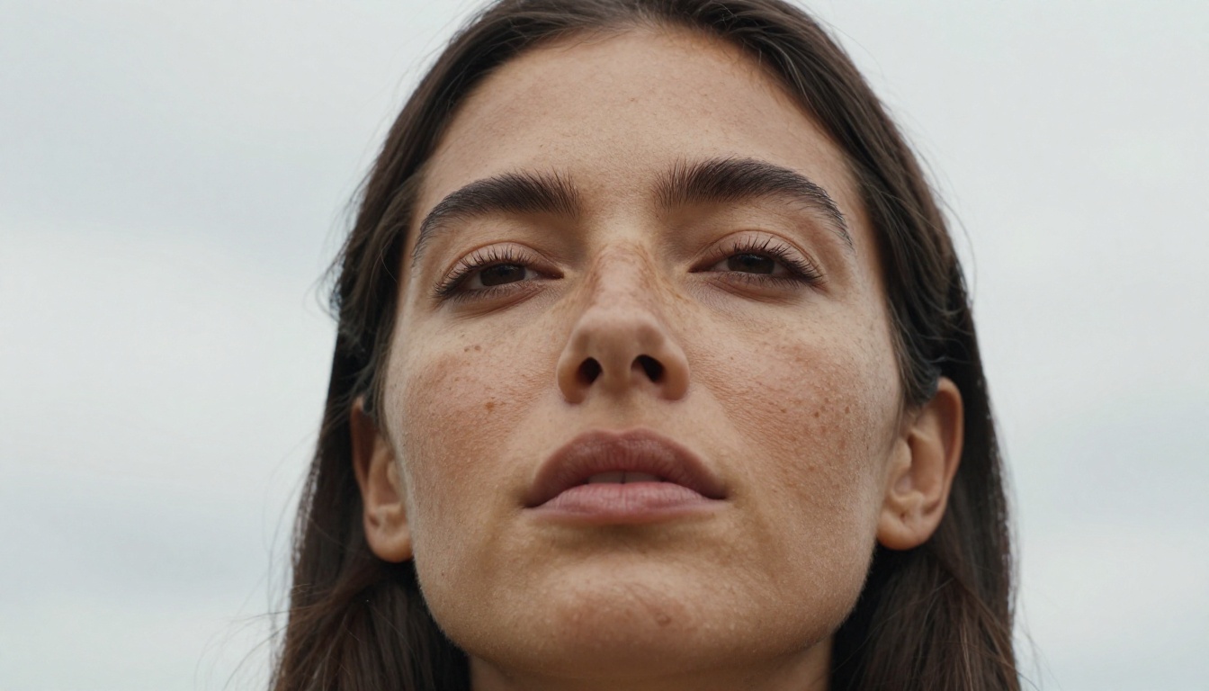 Low-angle portrait of woman with freckled caramel skin, volumetric overcast daylight revealing every skin detail, RAW 8K