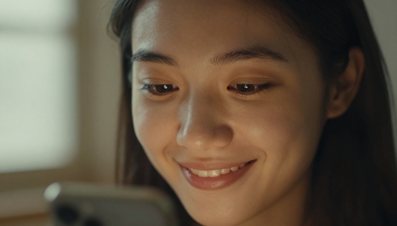 Close-up portrait of a young woman's face lit warmly by smartphone glow