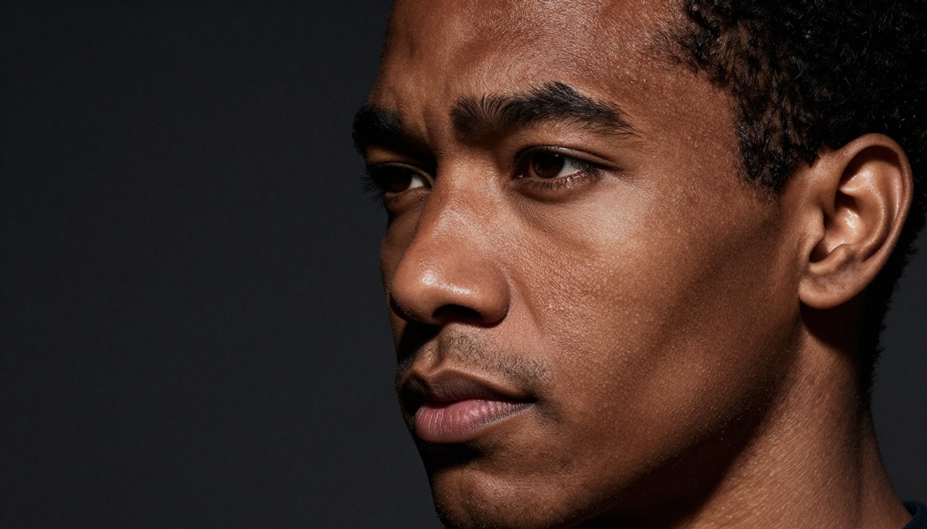Split-lighting portrait of man with deep skin, Rembrandt lighting revealing pore texture as micro-craters on cheekbone