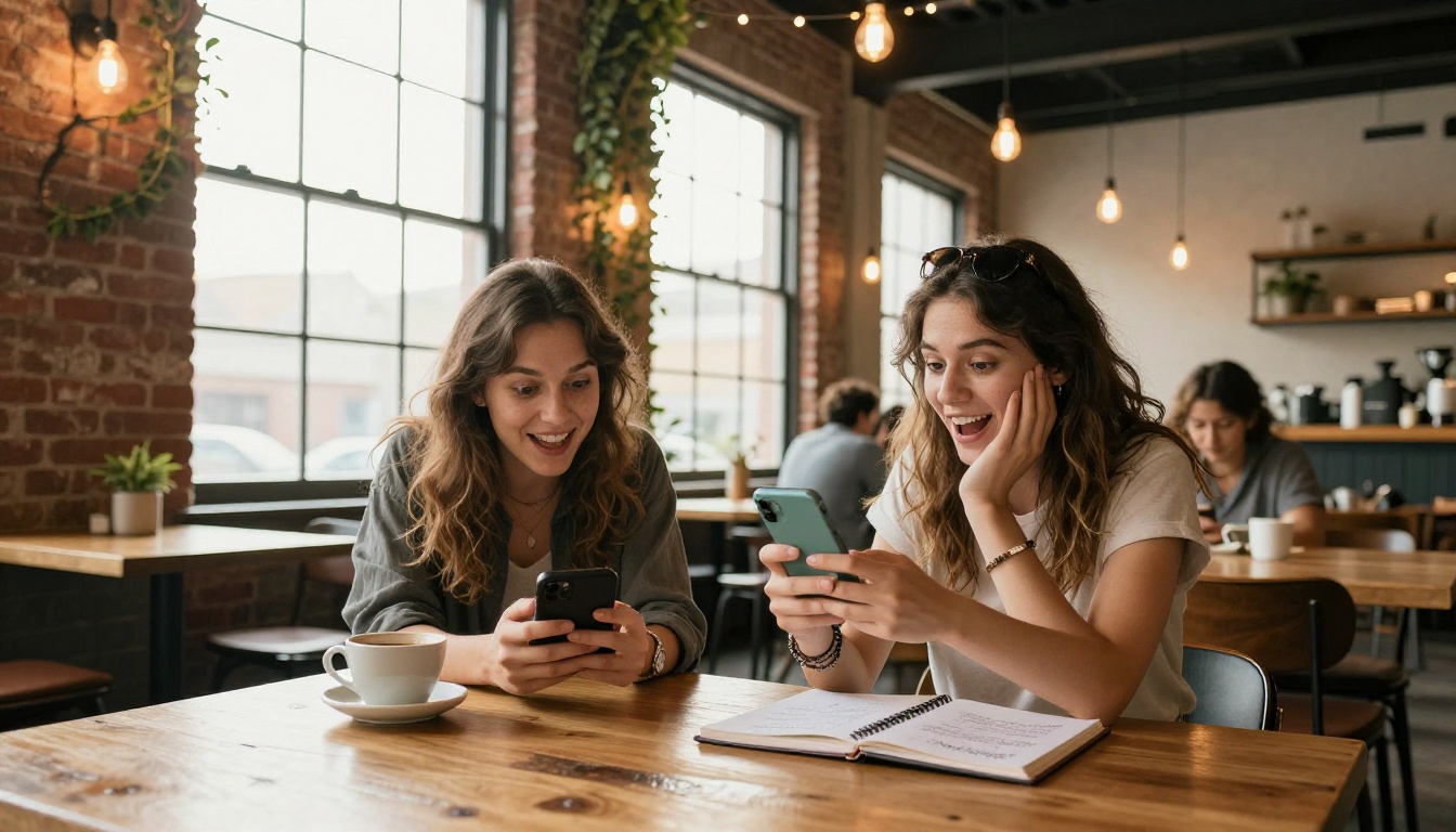 Two friends in a cafe excitedly looking at their phones together