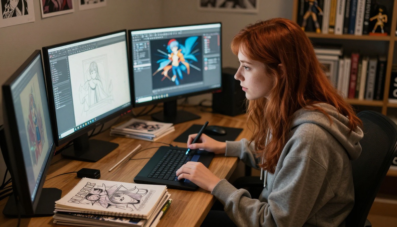 Fan artist working at a desk surrounded by manga and art tools, warm monitor light