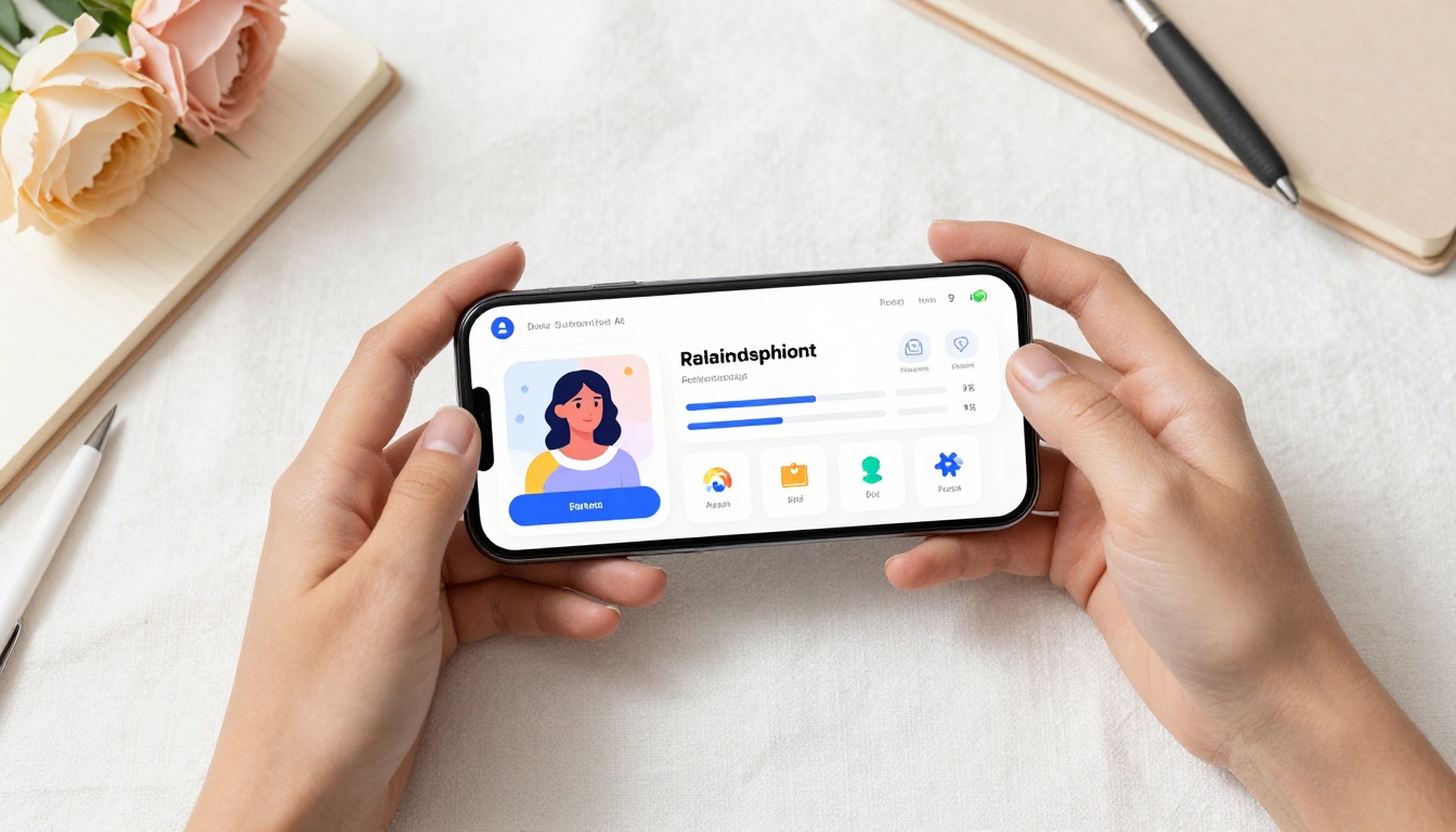 Woman's hands holding phone with AI companion app dashboard surrounded by flowers