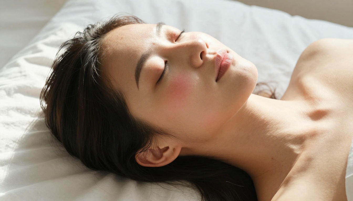 Aerial overhead portrait of woman on white linen, morning raking light revealing skin pore detail, RAW 8K photography