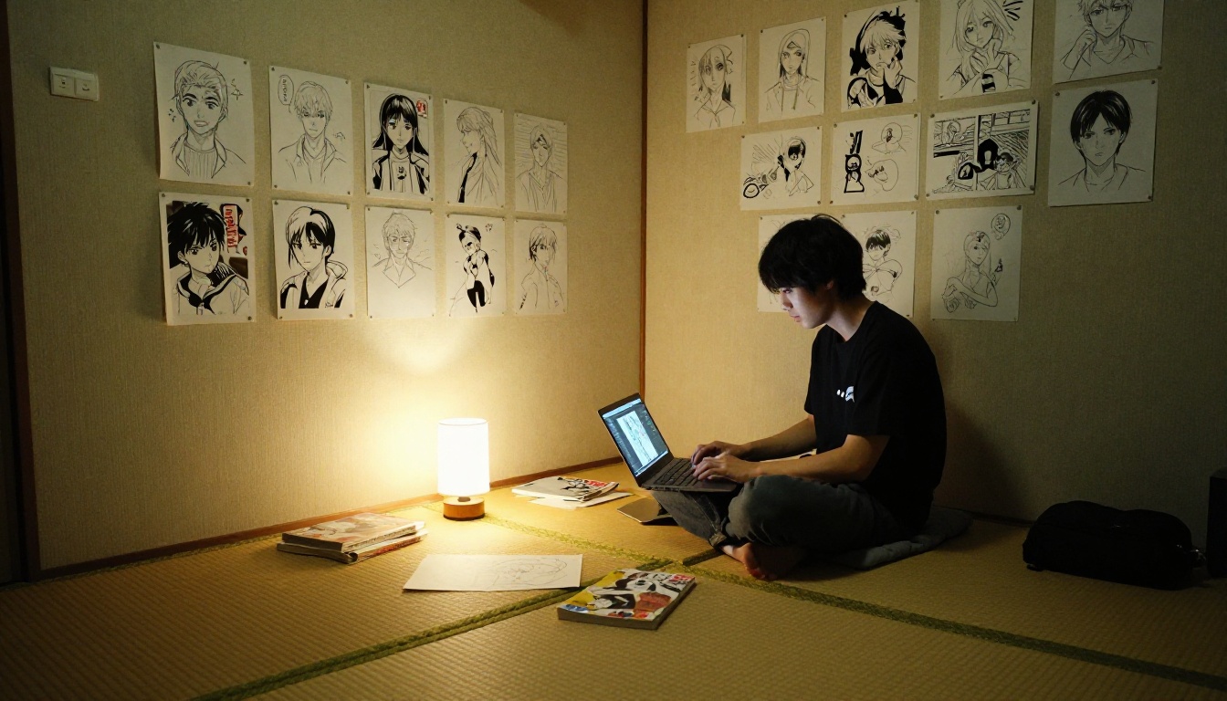 Young man in Japanese apartment at night, walls covered in fan art, creating with a laptop