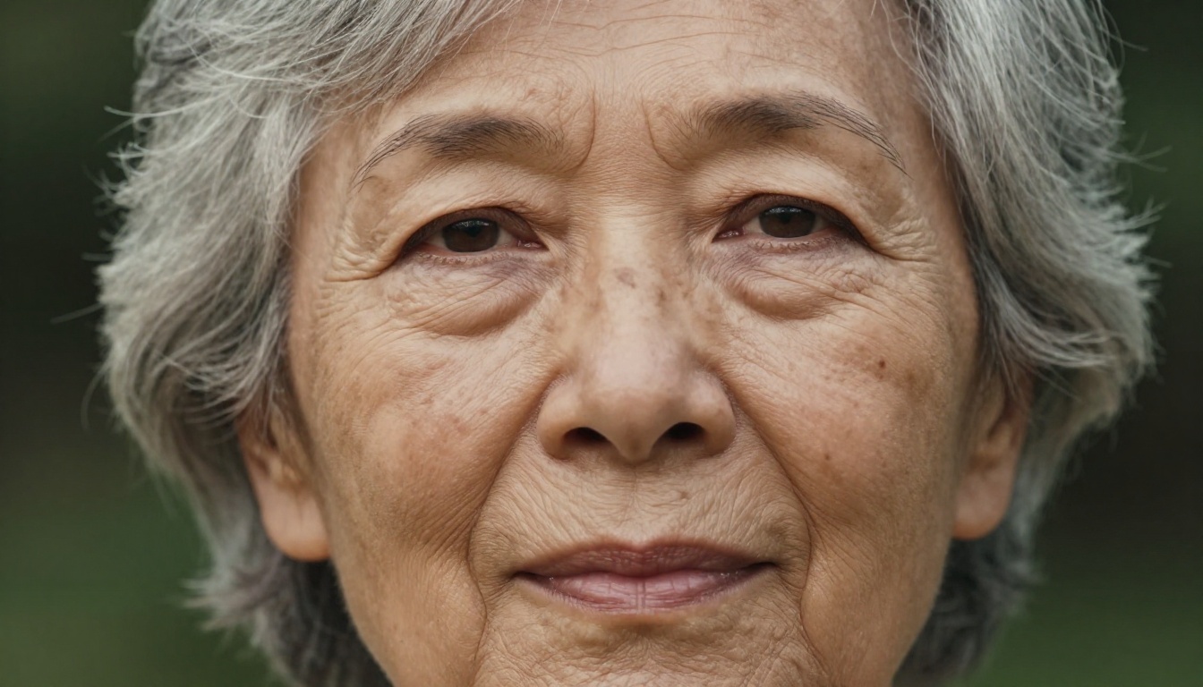 Close-up portrait of older woman with silver hair, skin texture celebrating natural aging, editorial portrait realism