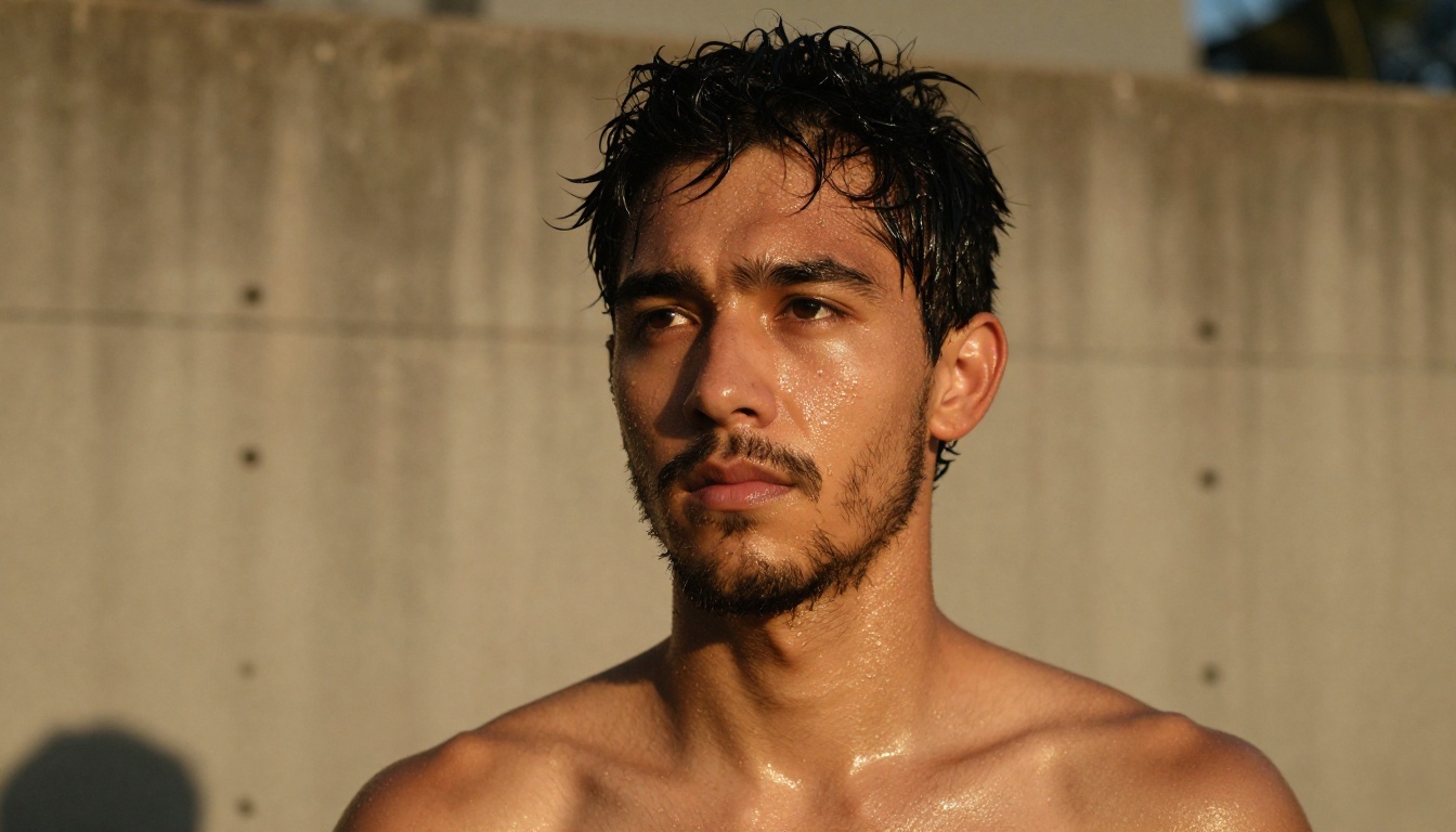 Portrait of young man outdoors with wet skin, water droplets and pores visible, intense specular highlights, RAW 8K