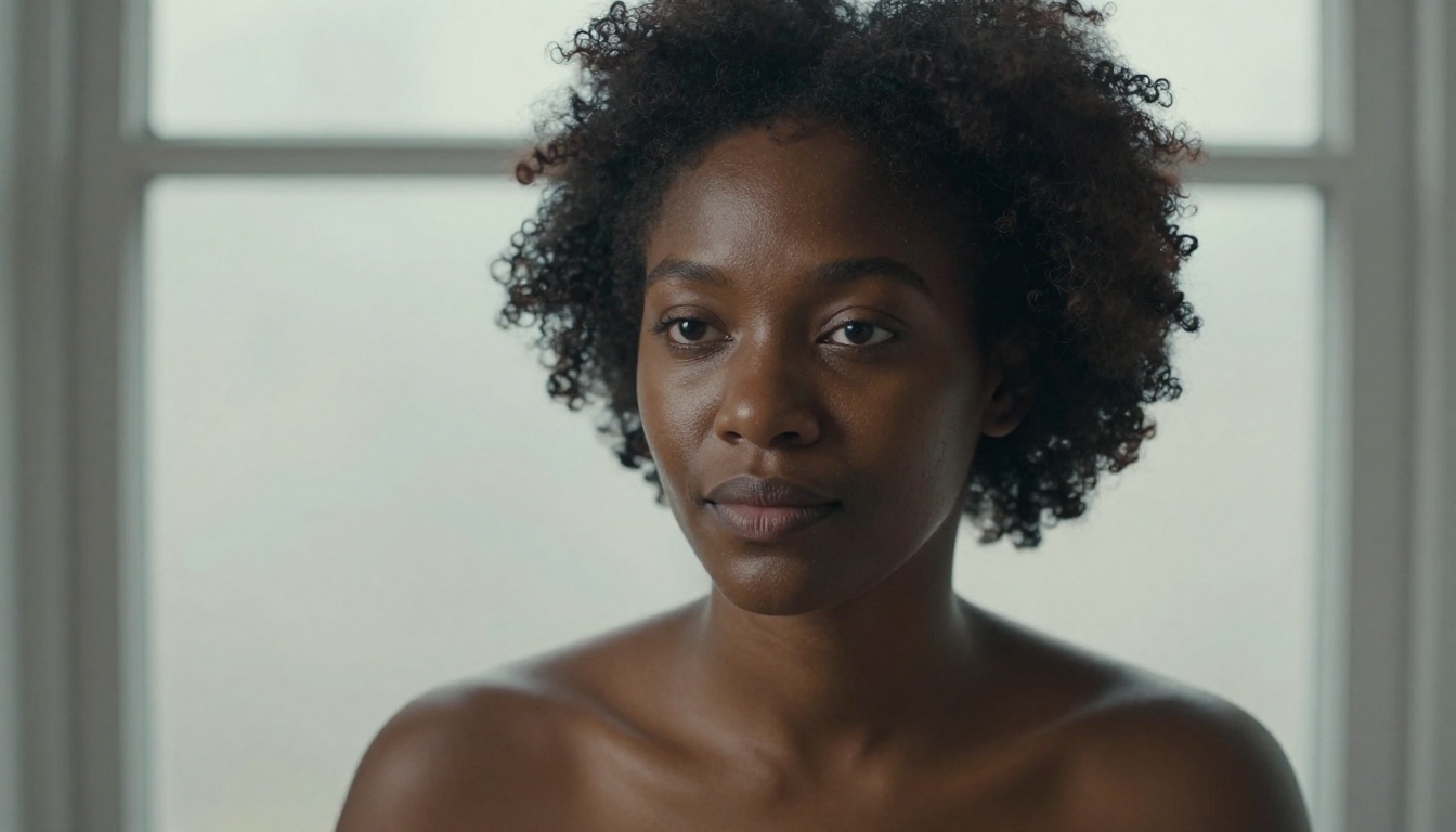 Atmospheric portrait of woman with deep dark skin, diffused northern light revealing extraordinary skin detail, RAW 8K