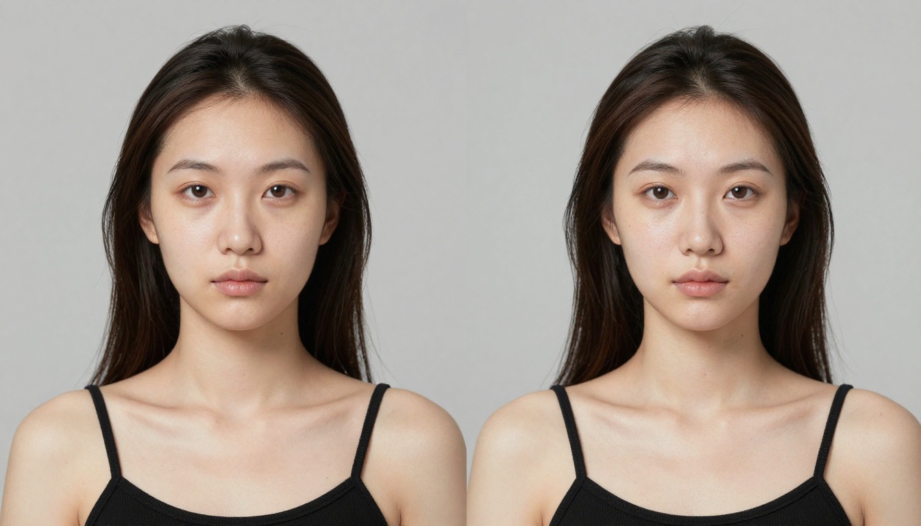 Before and after comparison showing plastic AI skin versus photorealistic textured skin with visible pores