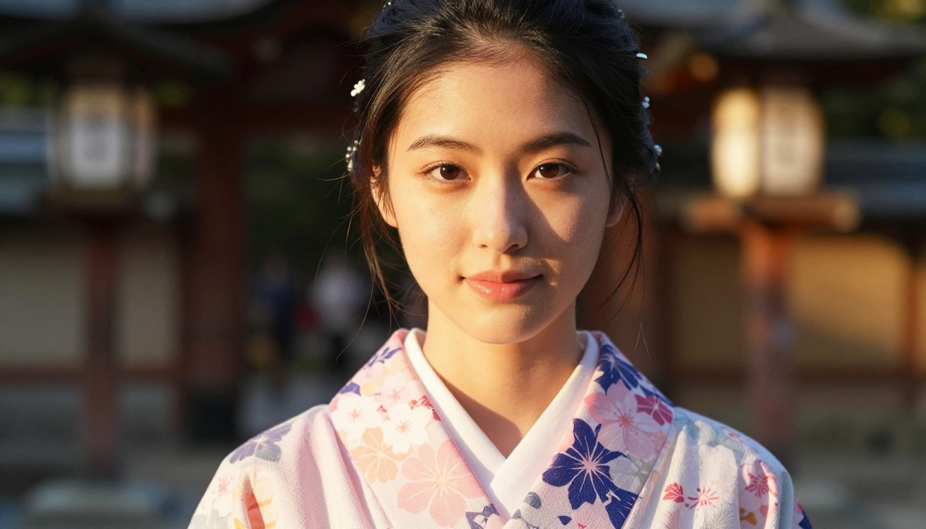 Young woman in traditional yukata at a Japanese shrine, golden hour portrait