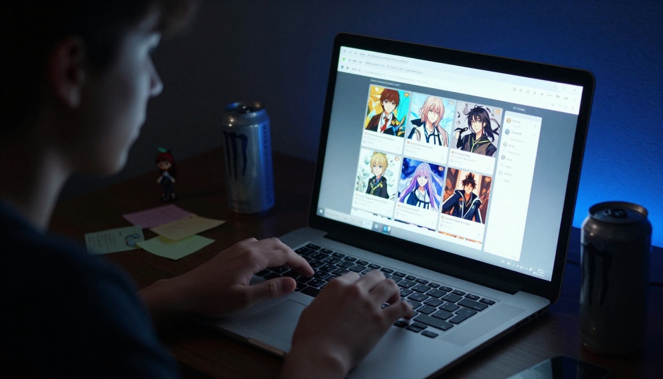 Fan art community forum on a laptop screen, person typing in dark room