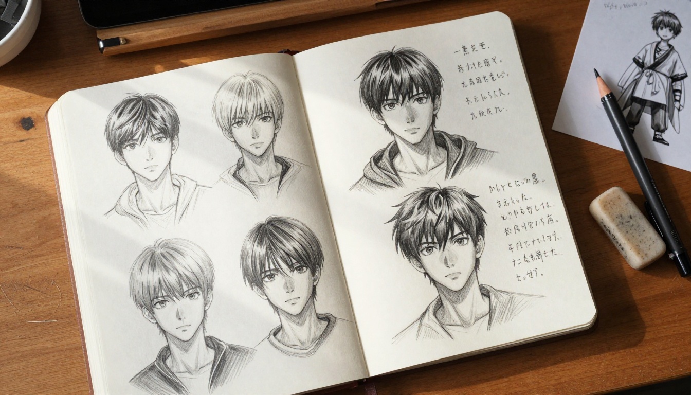 Overhead view of anime character pencil sketches in open sketchbook on wooden desk