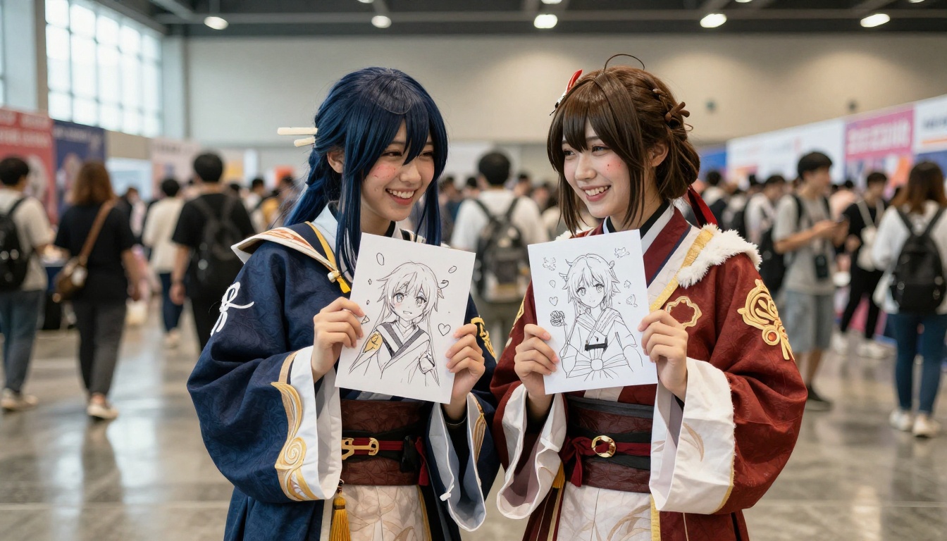 Two young women in cosplay costumes at an anime convention, laughing together in convention hall