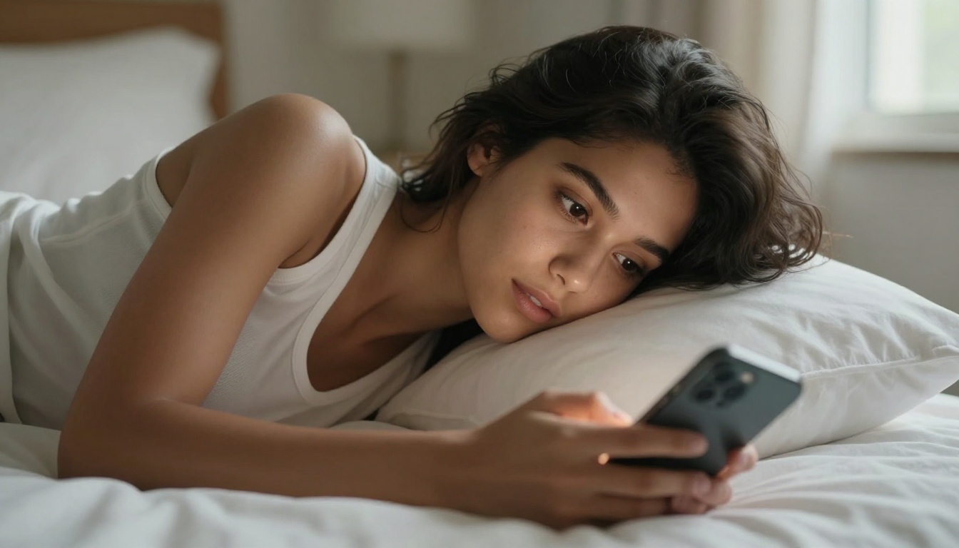 Young woman lying in bed holding a smartphone, soft morning window light on her cheek, photorealistic portrait