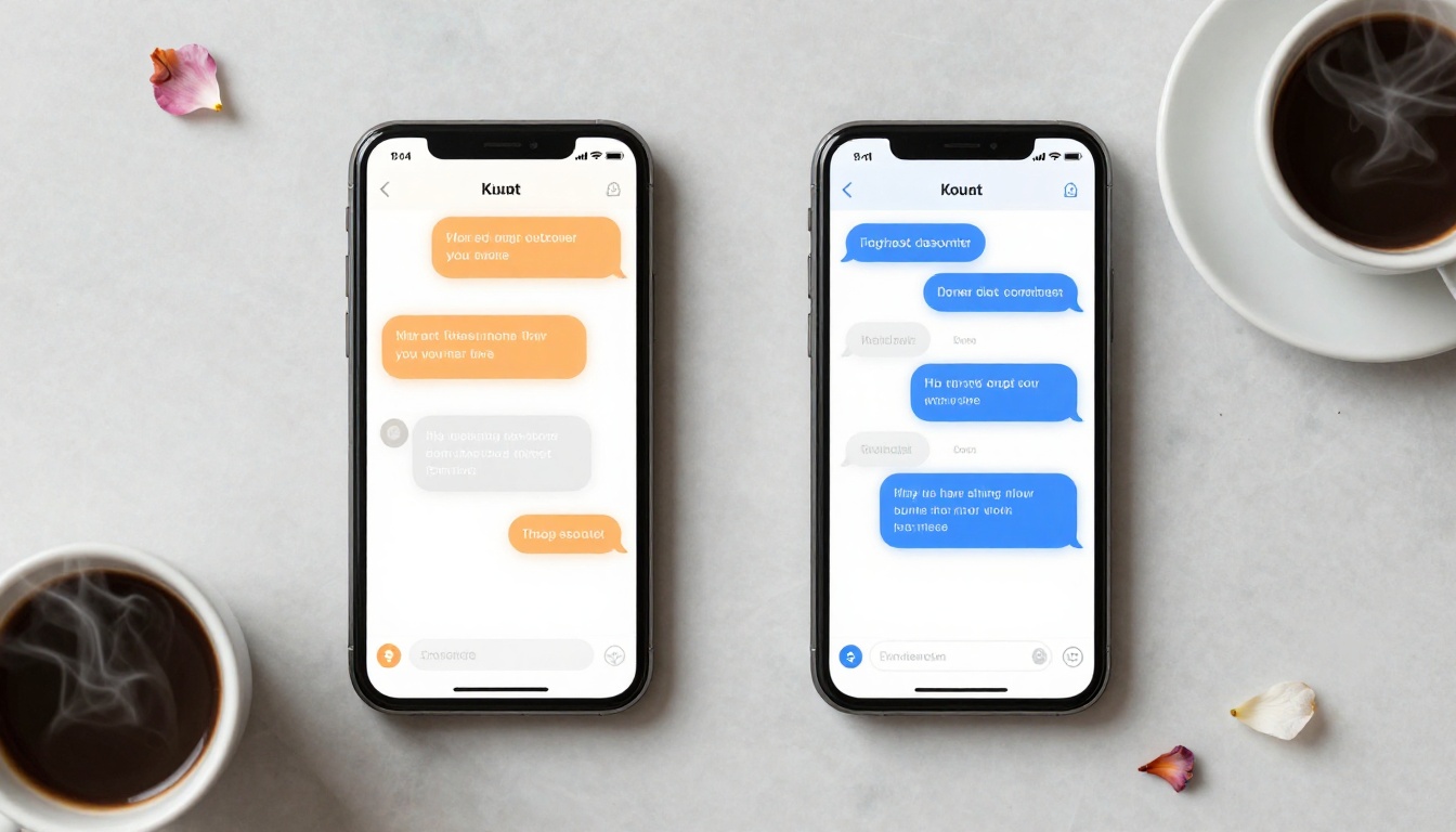 Two smartphones side by side displaying AI companion chat interfaces, warm candlelight glow, overhead flat lay, photorealistic