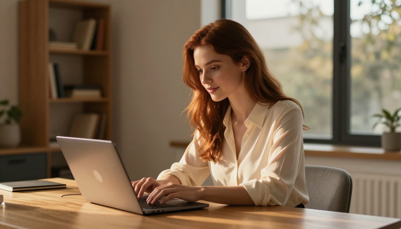 Beautiful woman with auburn hair typing at a minimalist desk, golden hour sunlight streaming through windows, warm apartment setting