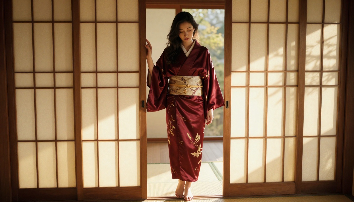 Woman in silk kimono robe near traditional Japanese shoji screen door, morning light through paper panels