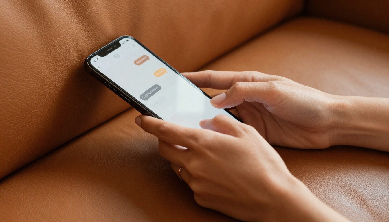 Close-up of elegant female hands typing on a smartphone, warm leather couch background, AI chat interface visible on screen, photorealistic