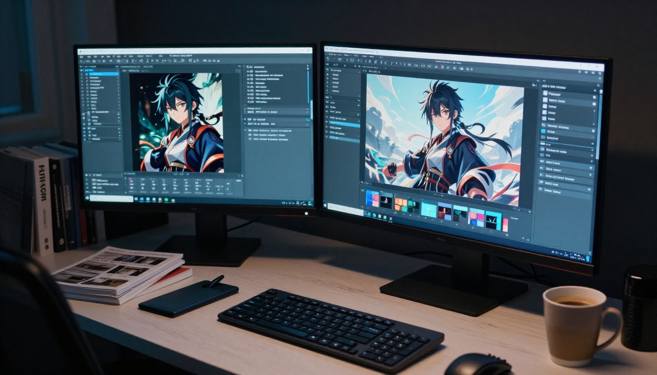 Professional digital artist's dual-monitor setup showing AI image generation interface and anime character artwork in progress