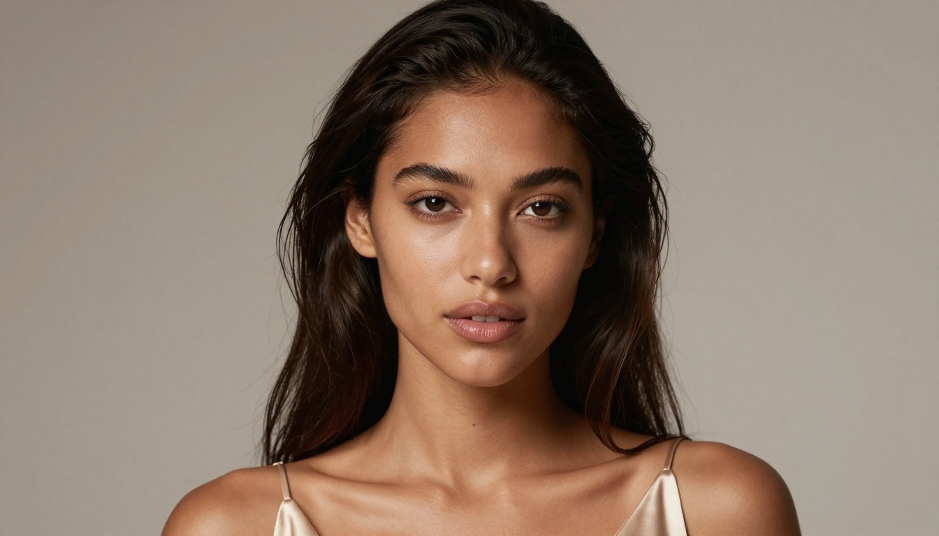 Stunning portrait of an AI-generated woman with warm honey-brown skin, silk champagne dress, soft studio lighting, photorealistic 8K