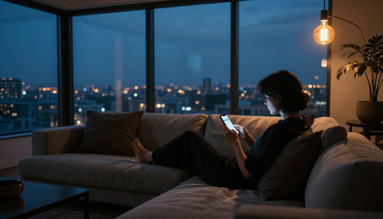 Modern luxury living room at night, person silhouetted on plush sofa holding glowing phone, city lights visible through panoramic window, photorealistic