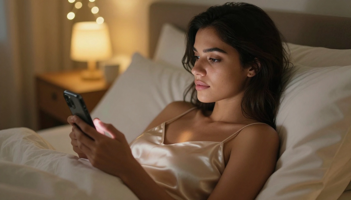 Woman in satin top lying on white pillows casually scrolling a phone, warm bedside lamp glow, fairy lights in soft background bokeh, photorealistic