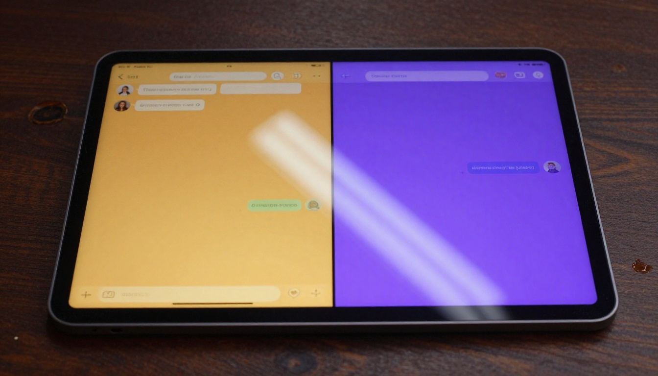 Two distinct AI chatbot interfaces shown side by side on a tablet, overhead 45-degree editorial shot, warm diffused indoor lighting, photorealistic