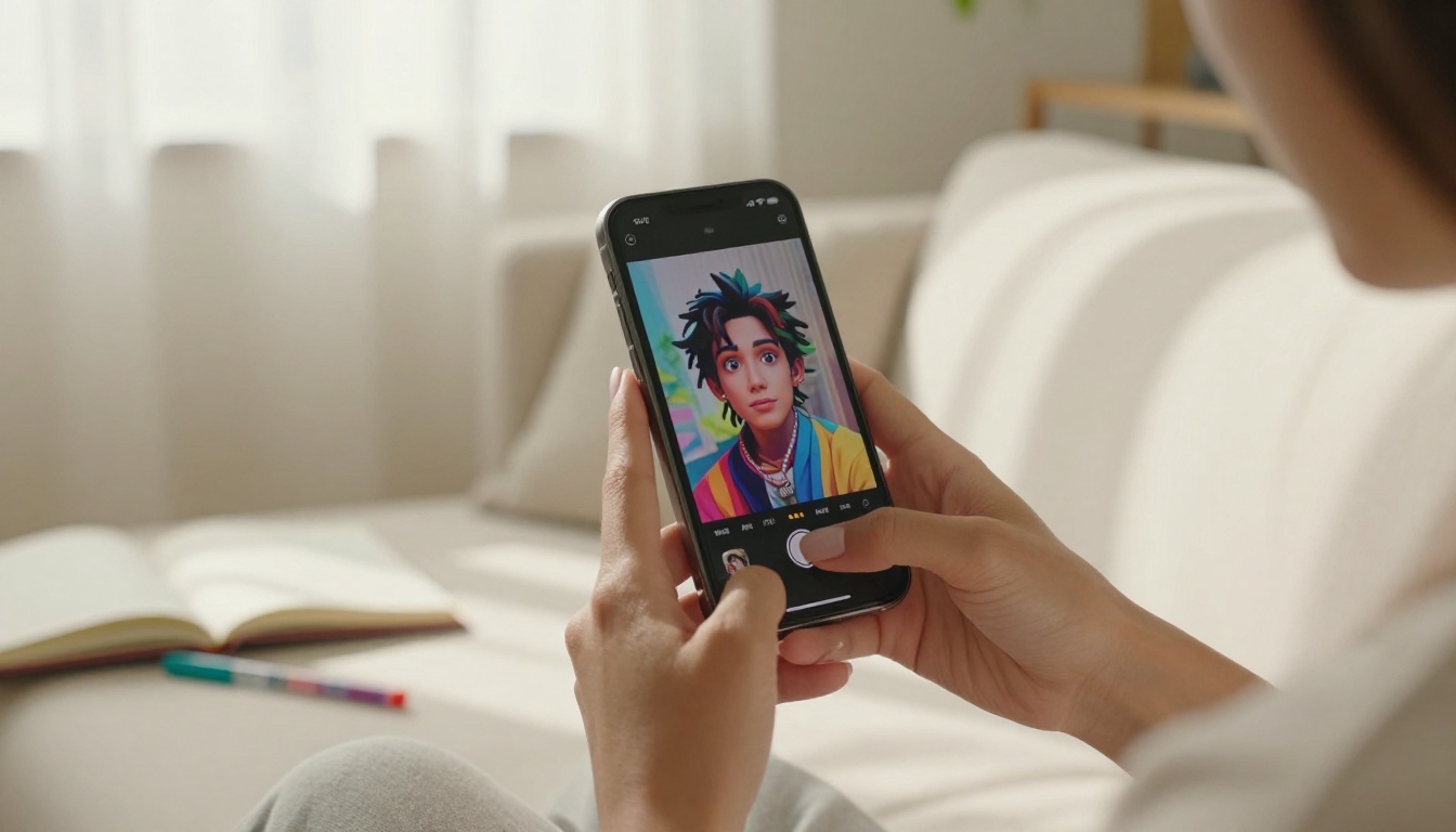 Hands holding a smartphone displaying vibrant AI-generated anime art