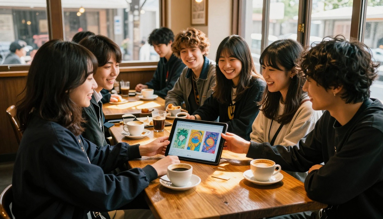 Friends sharing AI anime art at a Tokyo coffeeshop
