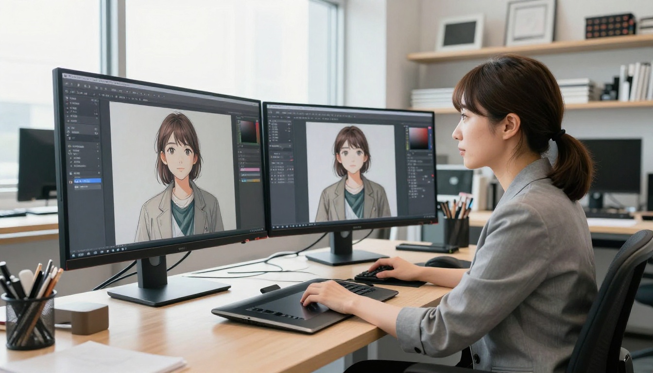 Professional digital illustrator at dual-monitor workstation
