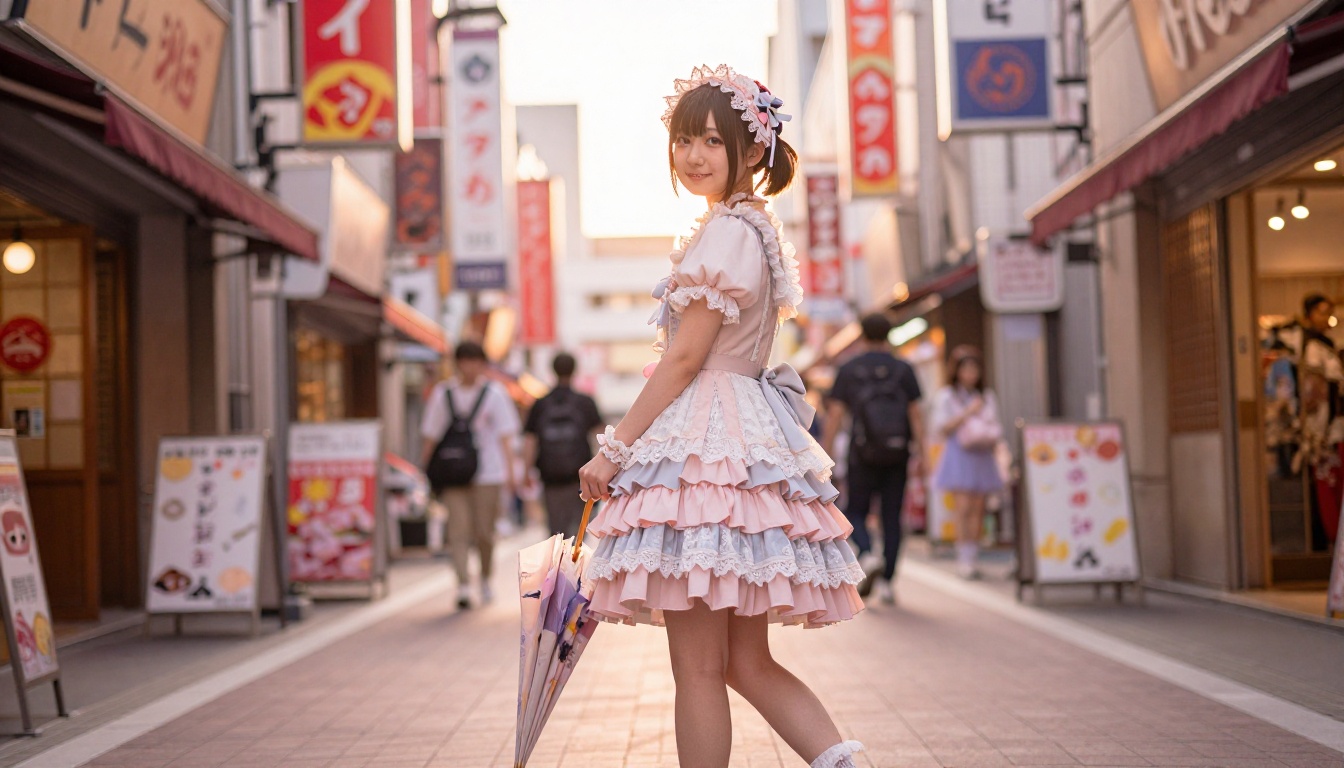 Young woman in elaborate Harajuku fashion on Takeshita Street