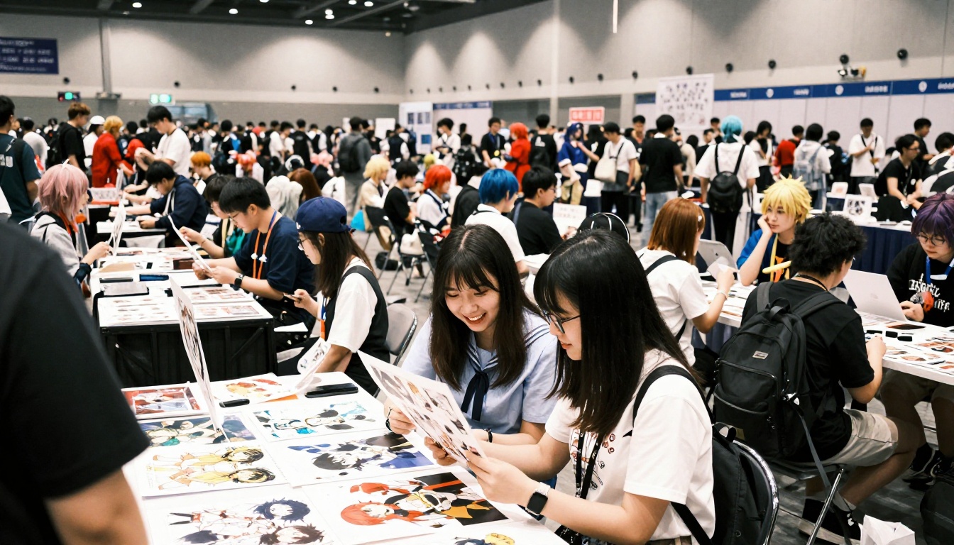 Anime fans at a convention examining large art prints together
