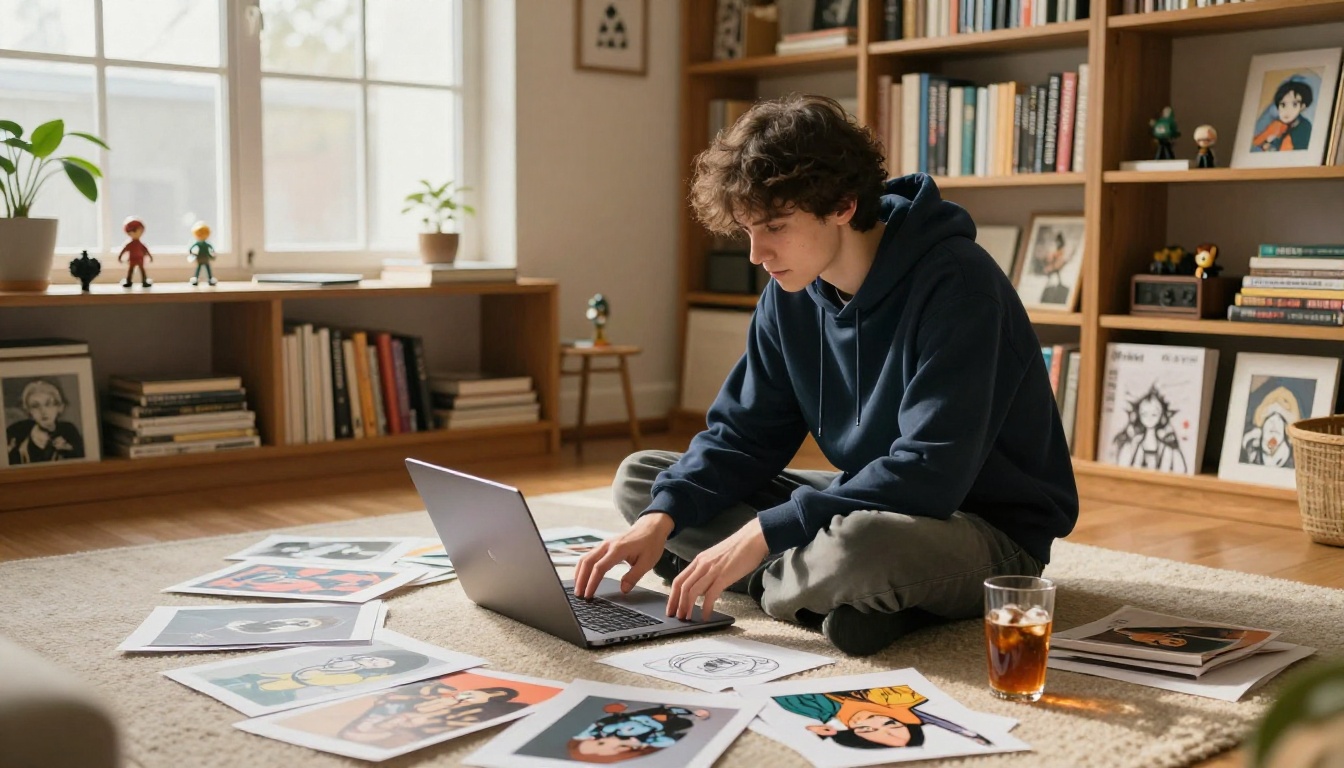 Young man studying AI art examples on laptop at home