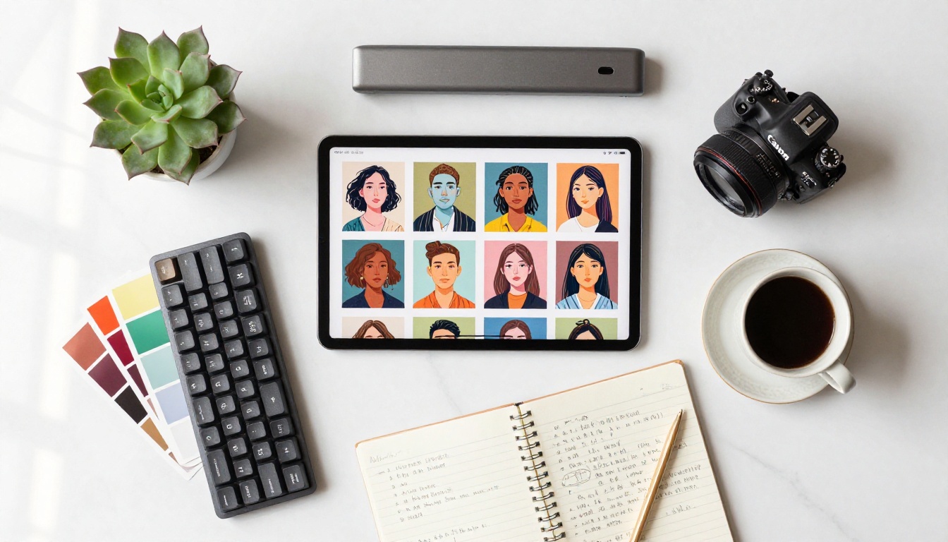 Flat lay of tablet showing AI artwork alongside coffee and stationery