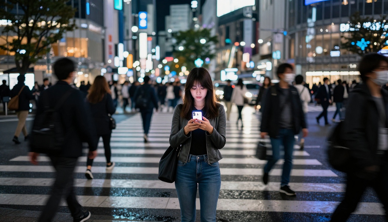 Woman at Shibuya Crossing at night holding an illuminated phone