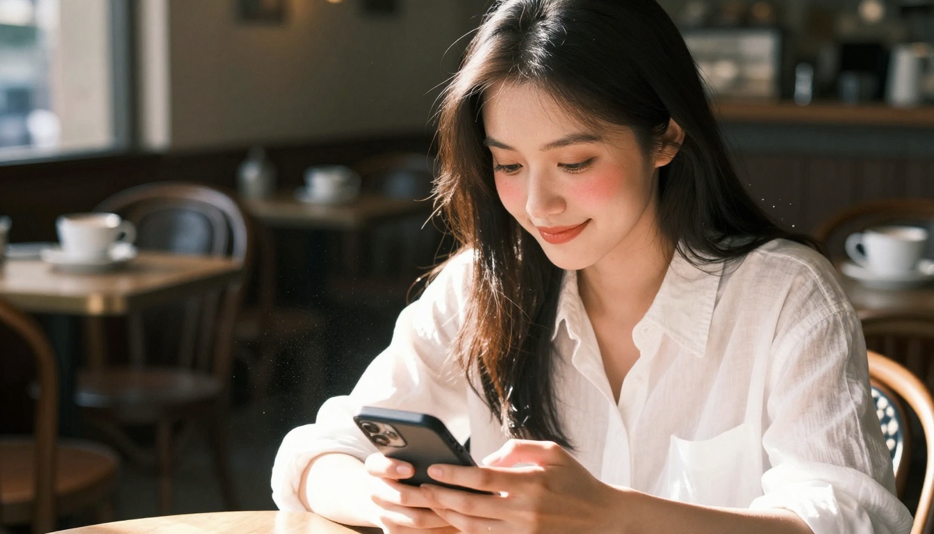 A woman at a café reading a message on her phone with a warm smile