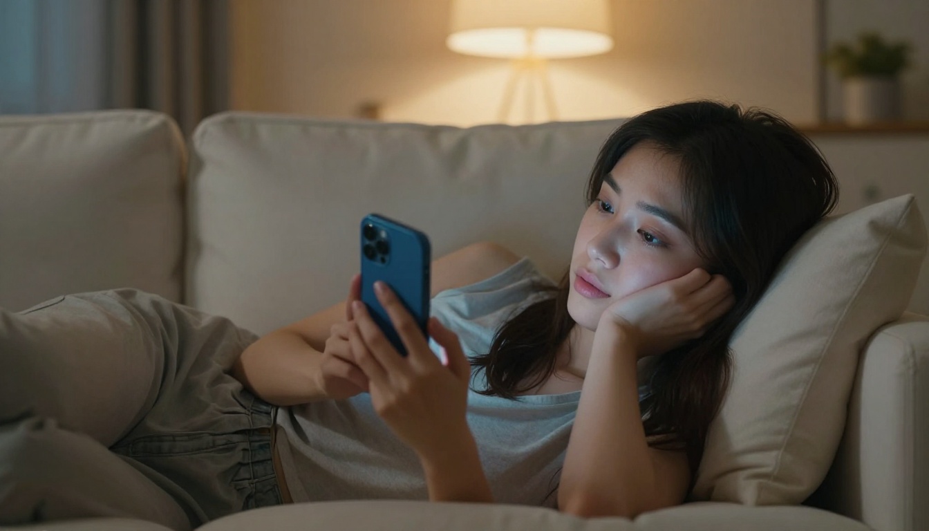 A woman lying on a sofa at evening, phone glow illuminating her face