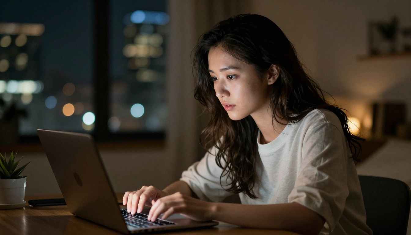 Young woman sitting at desk late at night, laptop screen light illuminating her engaged expression, cozy bedroom atmosphere