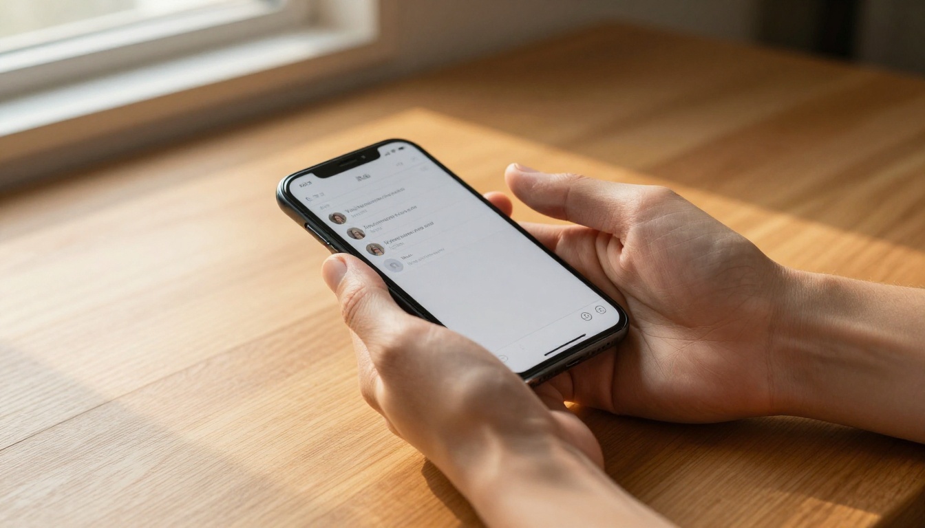 Close-up of two hands resting on a table, one holding a phone in warm afternoon light