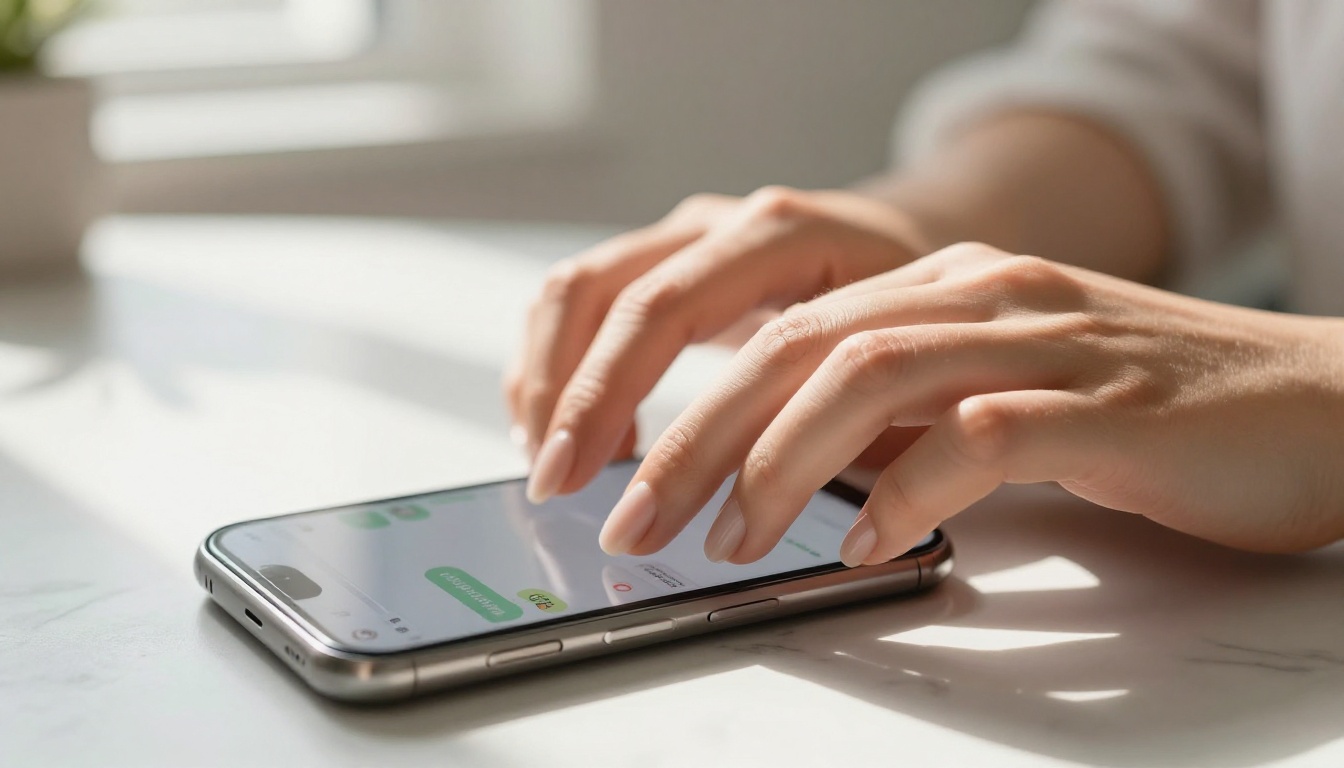 Close-up of woman's elegant hands typing on keyboard, smartphone with chat interface beside it, soft morning daylight