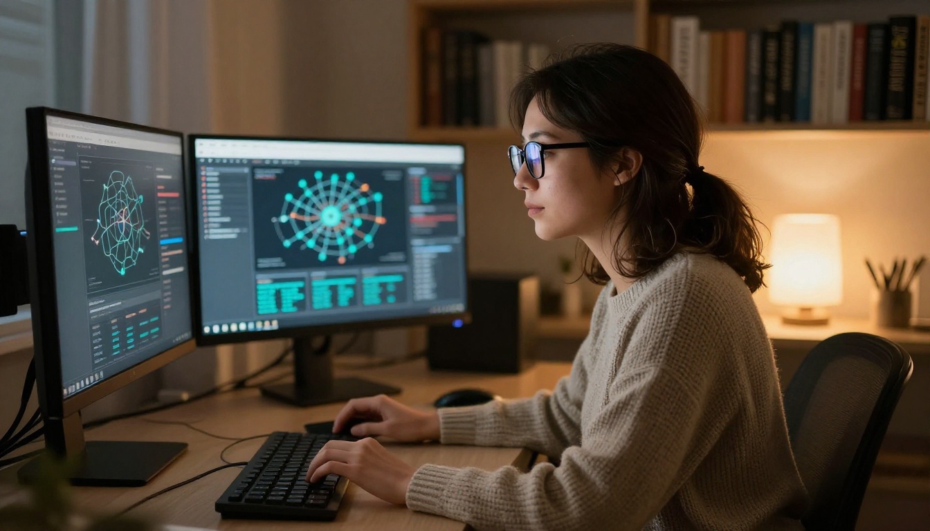 A developer at a desk with multiple monitors showing network graphs and dashboards